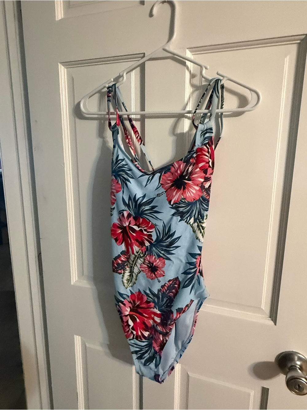 Kona Sol Light Blue Floral One-Piece Swimsuit with Pink & Green Hibiscus